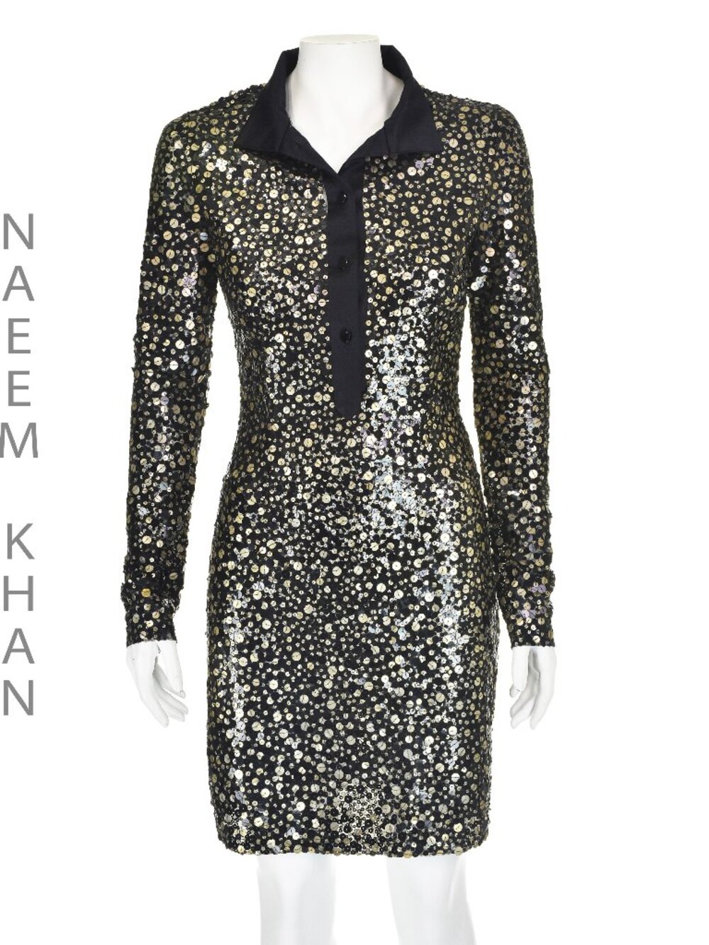NAEEM KHAN Black Silk Cocktail Dress Covered in Black & Gold Paillettes SIZE 4